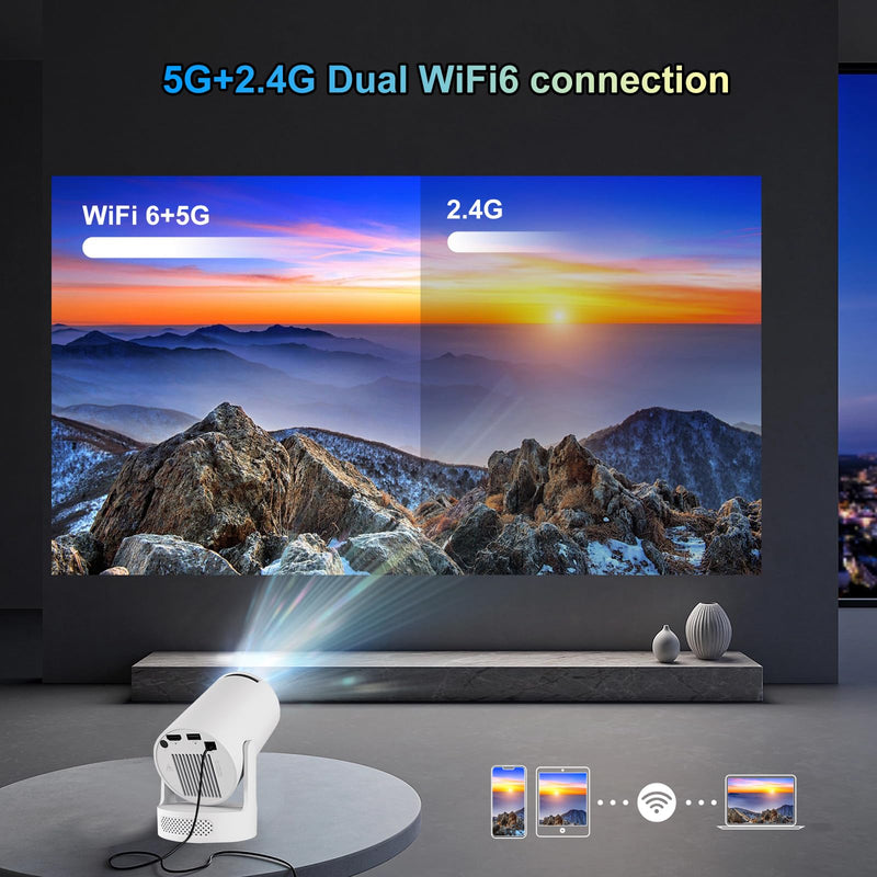 Mini Projector 4K support with Dual-Band WIFI6 5G Wireless 5.4 Bluetooth Android 11, Soundbase Speaker, Auto Vertical Keystone 180°Rotatable Portable Projector for Home Bedroom Outdoor White