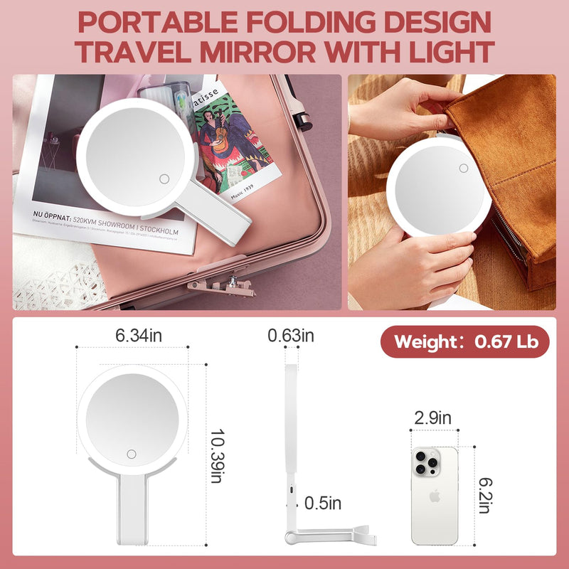 MIYADIVA Lighted Makeup Mirror, 30X Magnifying Mirror with Light and Adjustable Brightness, Hanging and Handheld Mirror with Handle, Portable Travel Makeup Mirror with Lights, Vanity Mirrors for Women White