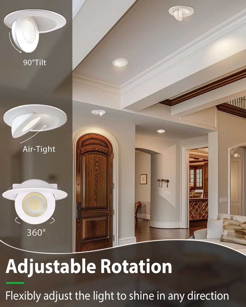 zouzai 6 Inch Gimbal LED Recessed Lights, White, 1 Pack, with Junction Box, 360°+ 90° Adjustable, 5CCT 2700K-5000K, Dimmable, Canless Eyeball Downlight, CRI90+, 1700LM 15W 120V, ETL White-6 inch