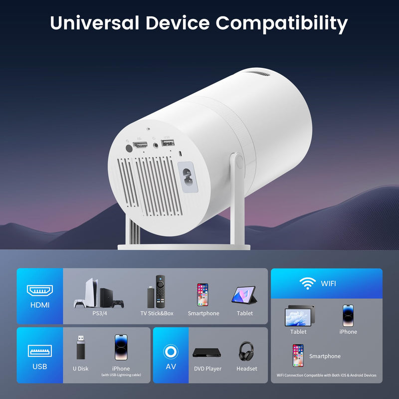Mini Portable Projector with WiFi and Bluetooth,Support Movie Projector 1080P HD,Auto Keystone Correction,180° Rotatable,Compatible with TV Stick, HDMI, USB, Smartphone, Laptop (White 1) White 1