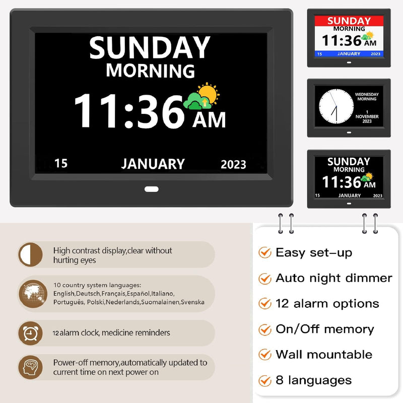 10 Inch Digital Clock with Day and Date for Elderly Alzheimer's Clock Customizable Alarms 3 Display Modes Large Font Alarm Clock for Seniors Auto DST 10in Black