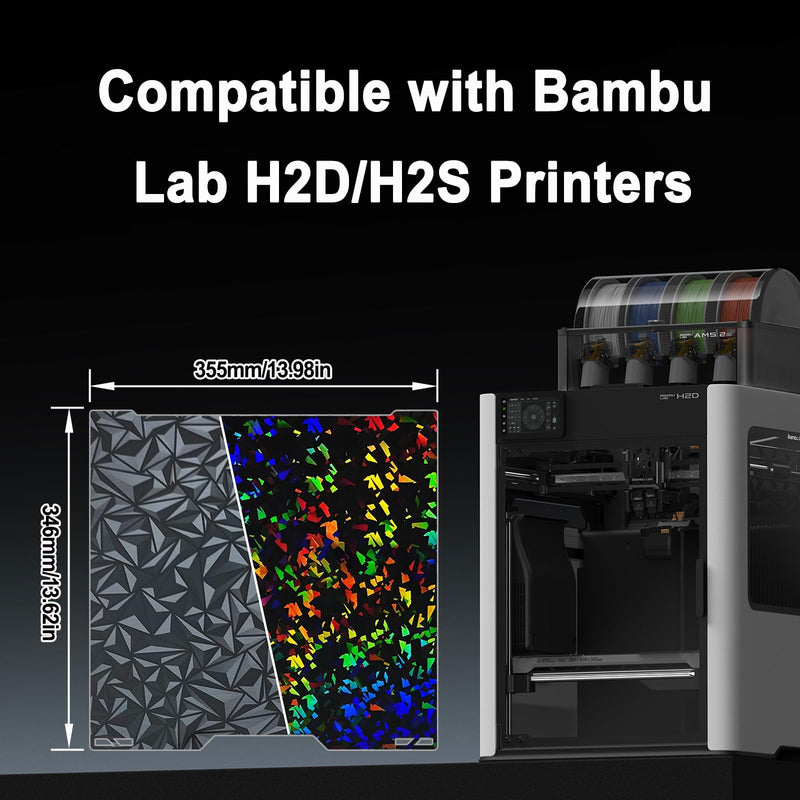 355x346mm PEO+PEF Double Sided Build Plate for Bambu Lab H2S/H2D/H2D Laster Full Combo/H2D AMS Combo 3D Printer, Smooth Diamond+Rainbow Confetti Heat Bed Flexible Platform Print Bed 355x346mm