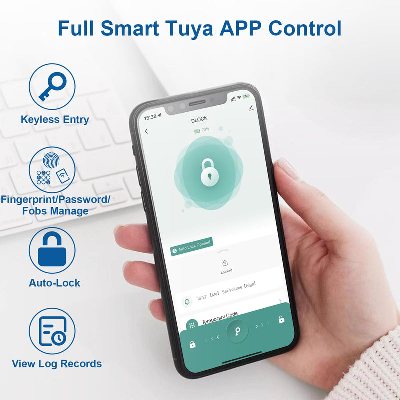 Fingerprint Door Lock, Finger Print Door Knobs Thumbprint Door Knob with App Control/Fingerprints/IC Cards/Codes/Keys, Smart Lock for Bedroom Home Apartment Grey