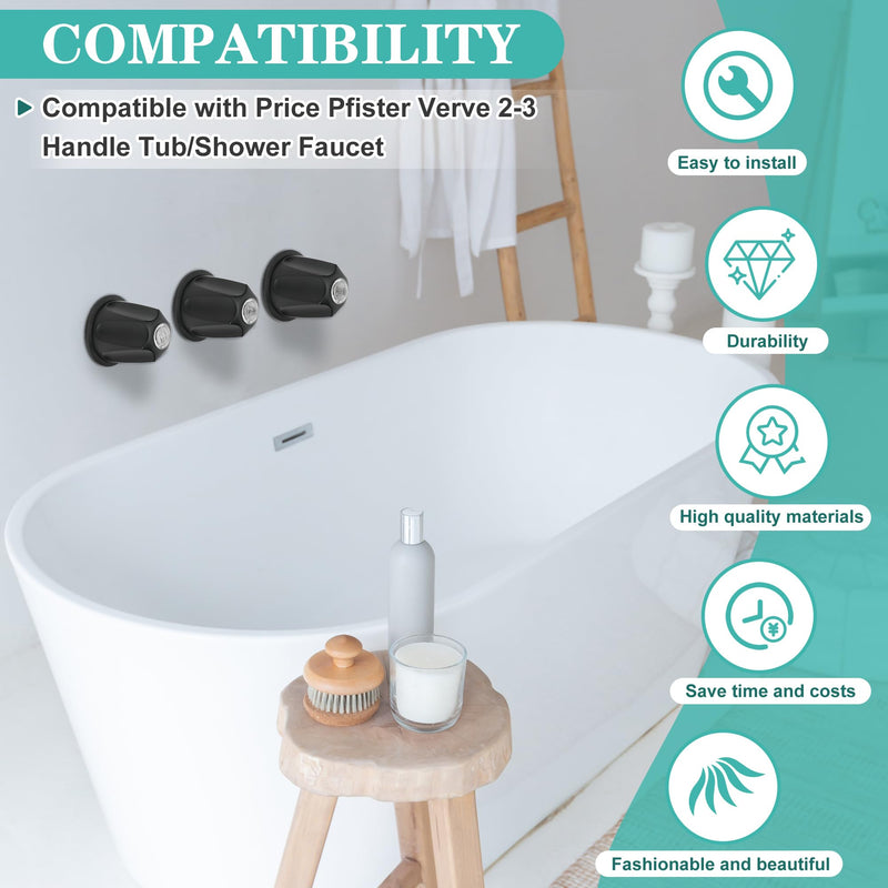 3 Piece Metal Shower Knob Replacement Compatible with Price Pfister Verve Tub Faucet Handle, Bathtub Knobs Include Hot/Cold/Diverter/Flange Base Replacement for Shower Trim Kit (Matte Black)