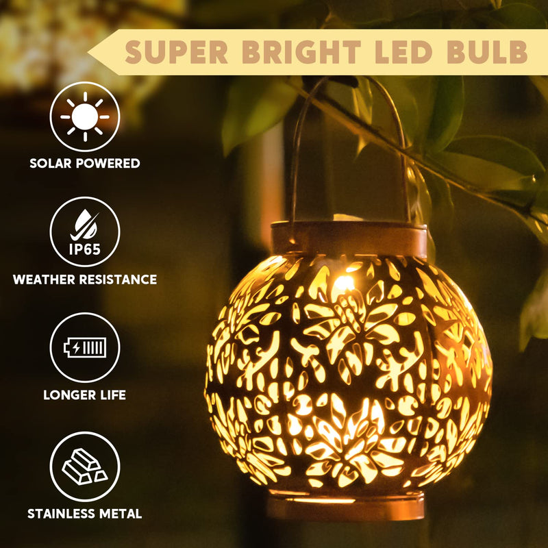 JOIEDOMI 2 Pack Outdoor Solar Hanging Lantern Lights, Waterproof Tabletop with Handle, LED Moroccan Lanterns, Metal Decorative Garden Solar Lights for Patio, Lawn, Porch, Backyard Round