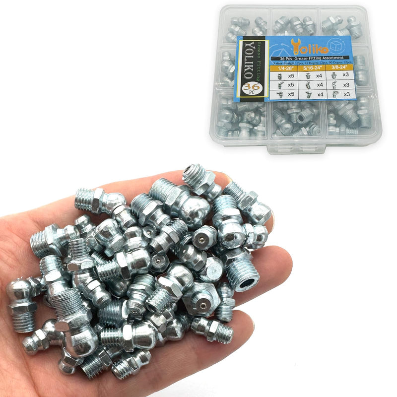 1/4"-3/8" 36Pcs 3 Sizes Grease Fitting Assortment Straight 45 90 Degree Grease Zerk Fittings, Galvanized Steel Grease Fittings and Grease Gun Tips for Industrial/Agricultural Machinery Yoliko 3Size-36Pcs - NewNest Australia