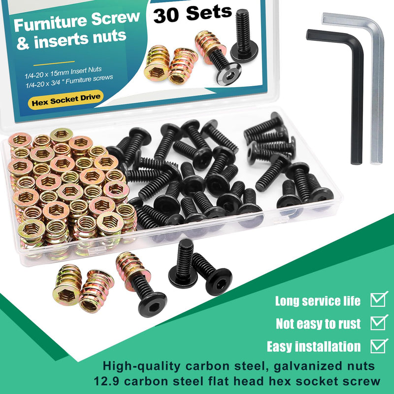 Twidec/30 Sets 1/4-20x15mm Threaded Inserts for Wood Furniture Screw Nut Kit Bolt Fastener Connector with 1/4-20x20mm Screw-in Nuts and Hex Wrench N-083-30set