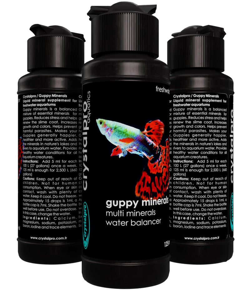 Guppy Minerals 4.22 Oz - Mineral Additive for Guppies - Replenishes Protective Coat and Improves General Health Freshwater Aquarium Salt (125 ml) Treats 660 Gallons