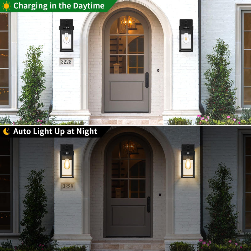 Auzev Outdoor Solar Wall Lights Fixtures Exterior Solar Lantern Lights With Clear Panel, Motion Sensor 3Lighting Modes Modern Sconce Waterproof Outside Lamp for House Garage (Black-1P) Black-1Pack