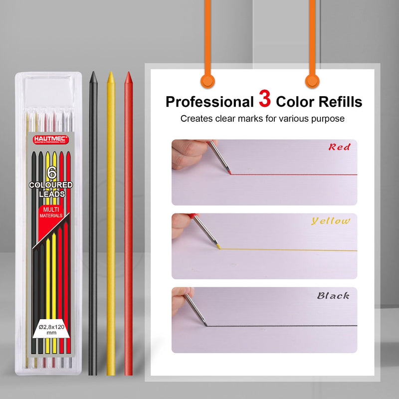 HAUTMEC 2 Pcs 3-in-1 Carpenter Pencils with Removable Finger Grip, Built-in Sharpener and 7 Leads (3 Colors), Mechanical Construction Pencil for Deep Marking Scribing, Pro Tracer Pencil, HT0293-2 2PC