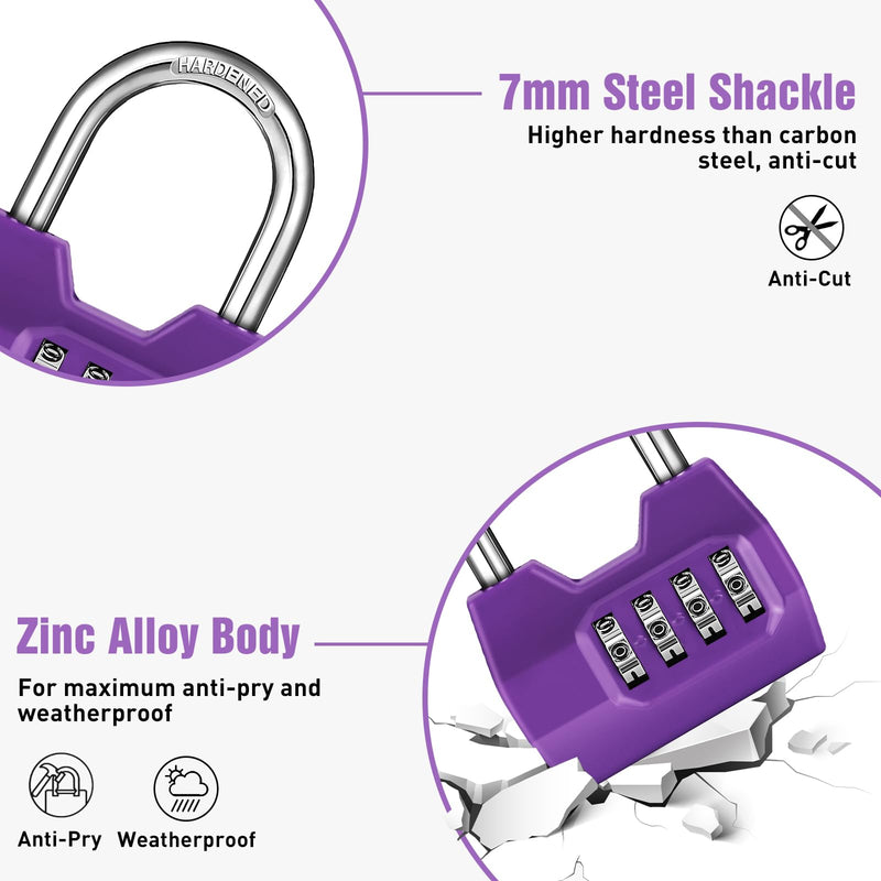1 Pack disecu 4-Digit Combination Locker Lock, Wide Shackle Waterproof Outdoor Padlock for School Gym Locker, Sports Locker, Fence, Gate, Shed, Storage Unit (Purple) 1 Pack Purple