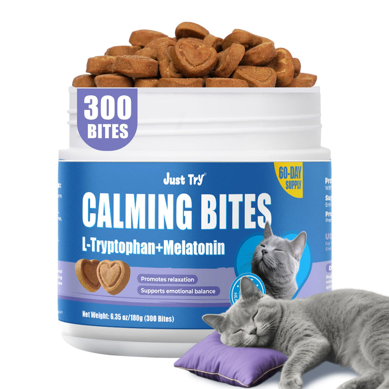 Just Try 300 Bites Calming Cat Treats for Relaxation - with Chamomile, L-Tryptophan, Melatonin for Cats– Chicken Flavor Calming Bites for Cats 6.35 oz