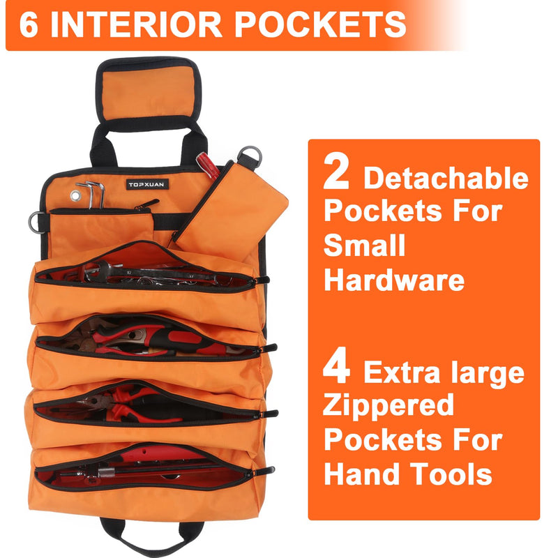 Tool Bag Roll Up 4 Large Zipper pockets 2 detachable pockets for Hand Tools and Small Hardware Organizer Orange Roll Up Tool Bag for Car 13 in