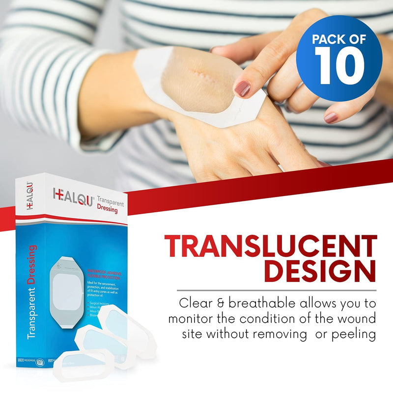 Transparent Film Dressing, 4" x 4 3/4" Box of 10 - Waterproof Wound Bandage Adhesive Patches, Post Surgical Shower or IV Shield, Tattoo Aftercare Bandage by Healqu 4"x4 3/4" (Box of 10)