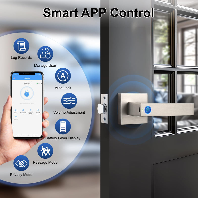 KNOBWELL Smart Fingerprint Door Lock with App Control, Smart Door Lock, Biometric Door Knob, Keyless Entry Door Lock with Handle for Home, Hotel, Apartment, Office, Airbnb-Silver Silver