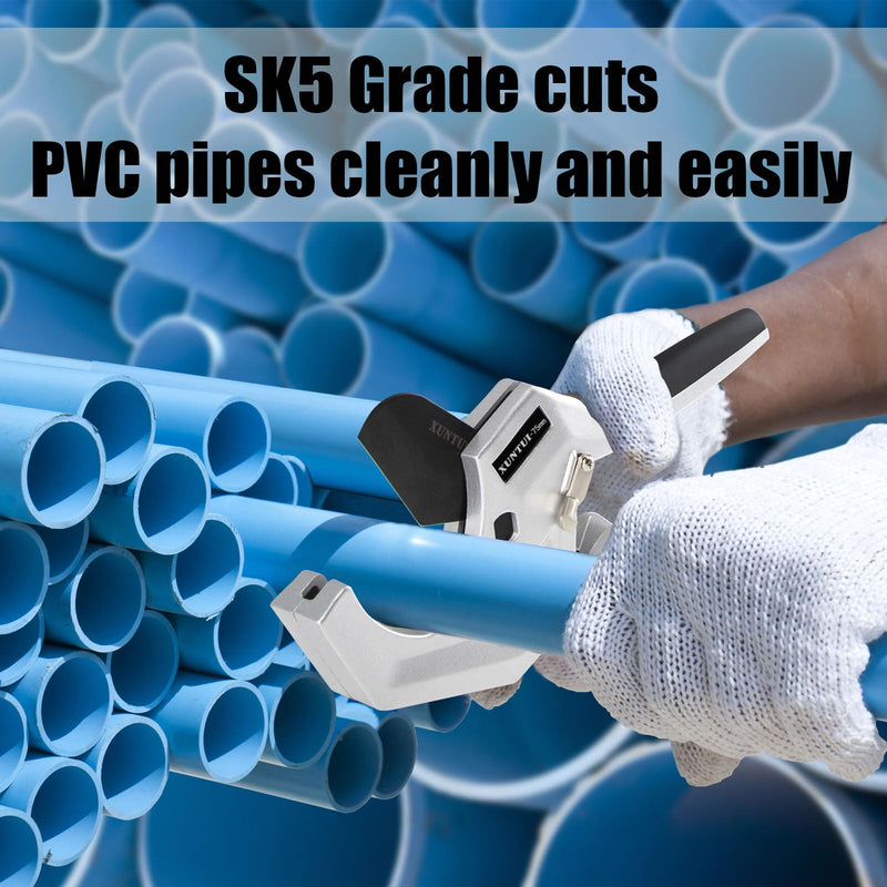 Professional PVC Pipe Cutter 2.5 inch (75mm) Capacity, Heavy Duty Silver Ratchet Tubing Cutter for 2-1/2" Schedule 40 80 PVC, PEX & ABS, One-Handed Cutting Tool for Pool & Sprinkler Repair