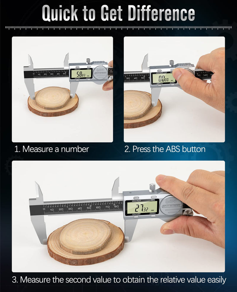 Digital Caliper 6 Inch, (ABS) Absolute Scale Caliper, IP54 Caliper Measuring Tool, Inch/MM/Fraction, Auto-Off LCD Stainless Steel Waterproof Micrometer Vernier Caliper, with Feeler Gauges ABS ABS-150mm