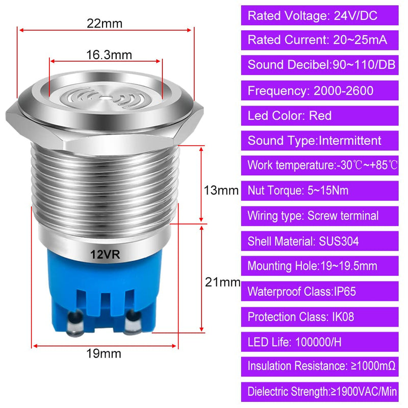 2pcs AC/DC 24V 19mm Waterproof IP65 Stainless Steel Red LED Flash Alarm 90dB Indicator Light with Lamp Buzzer, for Electrical Control Panel, DIY Project red LED 19mm-24v