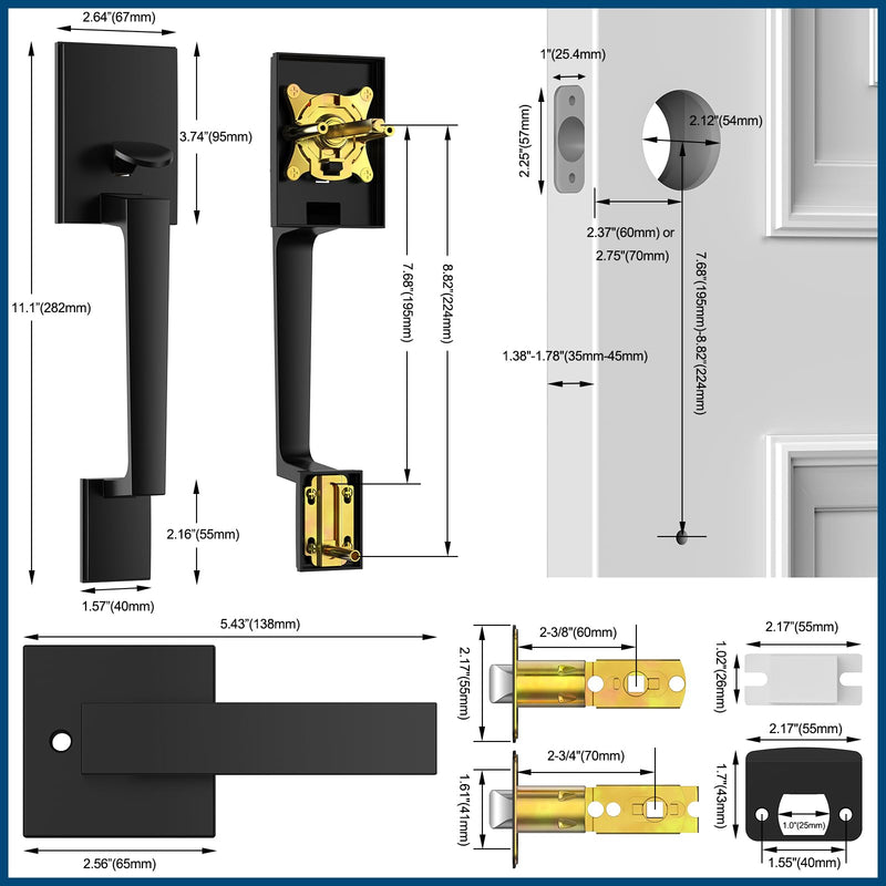 Black Front Door Handle No Lock, Exterior Entry Door Handle with Interior Passage Levers, Front Door Lock Set for Left Right Handle Doors, Deadbolt Set Not Included, Non-Locking