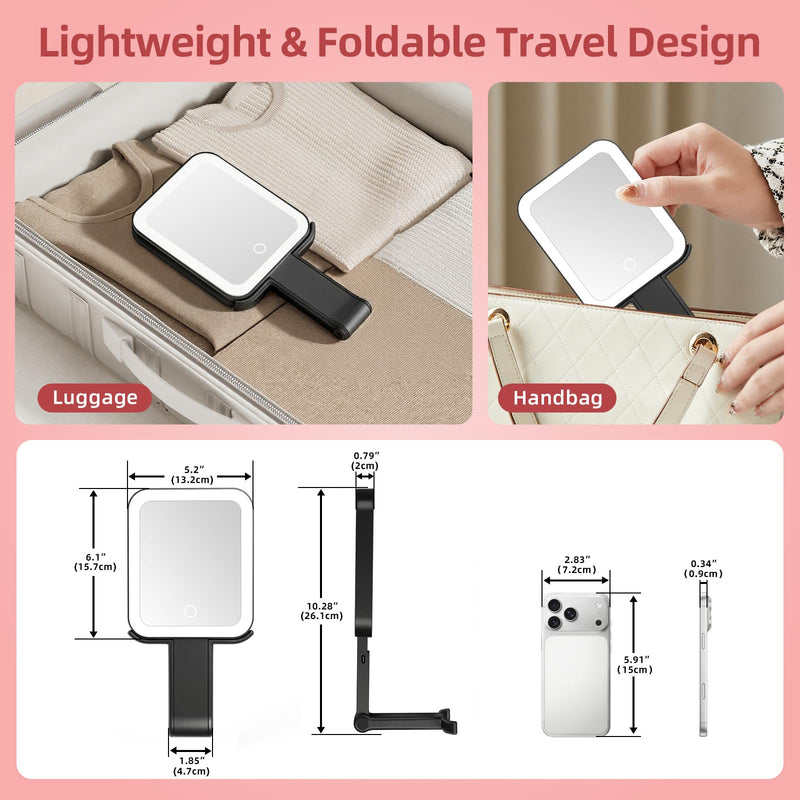 Travel Makeup Mirror with Lights, 1500mAh Rechargeable, Double-Sided 10X/1X Magnification, 3 Color Lighting, Smart Touch Dimming, Precision Tweezers, Lighted Mirror for Desk, Trip, Home, Office, Black