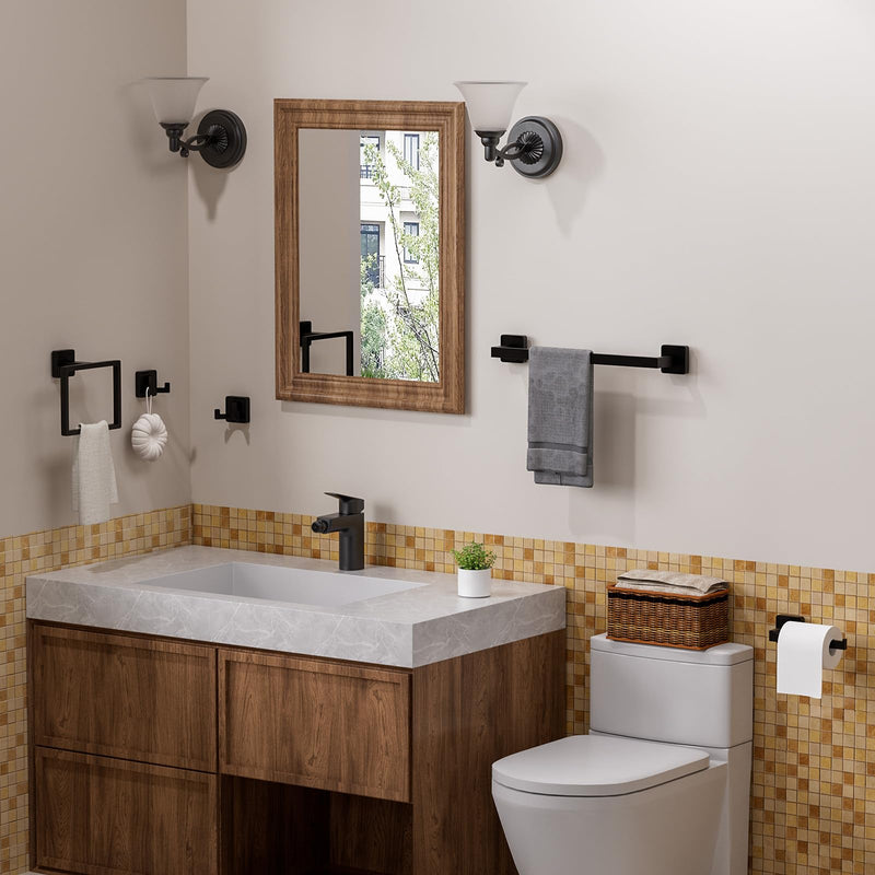 5-Piece Bathroom Hardware Set, Modern Square Black SUS304 Stainless Steel Wall Mounted Accessories for Bathroom & Toilet, Includes Towel Bar, Ring, Toilet Paper Holder and Double Hooks