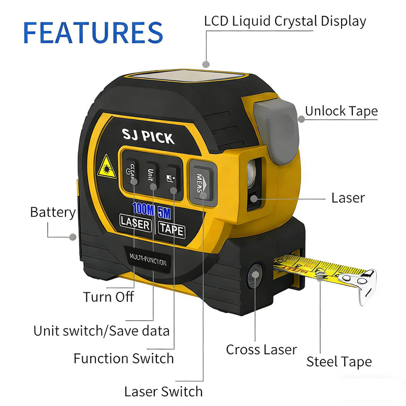 Voice Intelligent Tools Tape Measure 3-in-1 Laser Digital Measuring Tape Ruler-LCD Backlight 5M/16Ft Tape & Laser 80m/262Ft Rangefinder,Crosshairs Markings,Data Storage (Yellow, 80m/262ft) Yellow