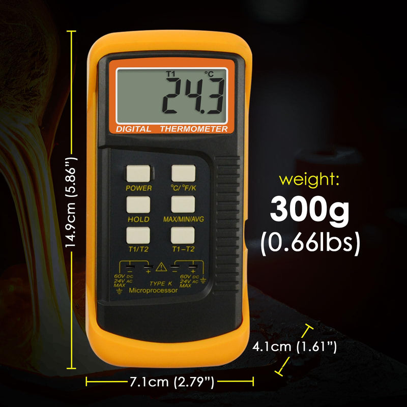 K Type Thermocouple Thermometer (-50~1300°C), Dual Channels Digital Thermometer with 2 Temperature Clamp 2 Wired Thermocouple Probes, High Accuracy Temperature Kelvin Scale Meter Tester