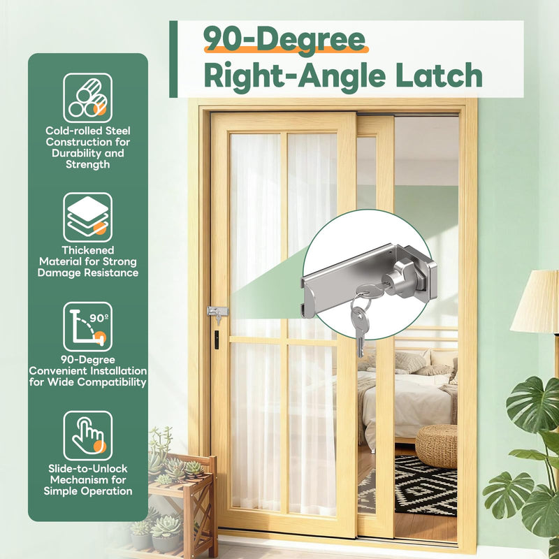 Keyed 90° Right Angle Door Lock, 3.3 Inch Lock Latches for Inward Opening & Sliding Doors, Shed - Security Latch Equipped with Independent Key (Silver, 3.3In with Key-2PCS) Silver