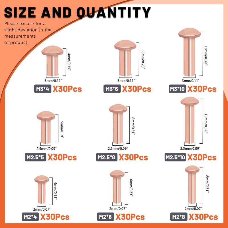 Tanstic 270Pcs Round Head Copper Solid Rivets, M2x4/6/8, M2.5x5/8/10, M3x4/6/10 Solid Copper Rivets Fasteners for Electrical Applications Copper Finish Copper Tone