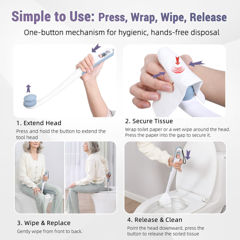 Toilet Aids for Wiping Bottom, 2-Pack - Long Reach Comfort Wipe with Replaceable Head & Strap - Bottom Buddy Wiping Aid for Elderly, Disabled & Post-Surgery