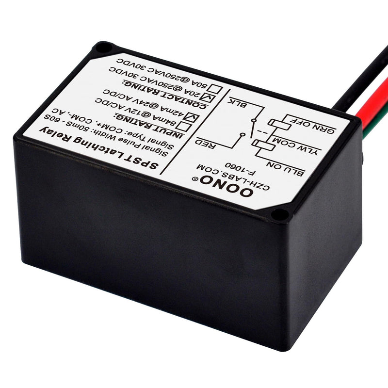AC/DC 24V SPST 20Amp 250Vac/30Vdc Latching Relay Module, Plastic Enclosure Wired, OONO F-1060 AC/DC 24V