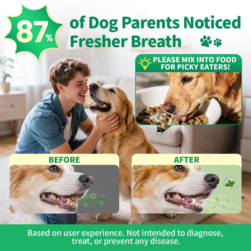 Dog Dental Powder, Dog Teeth Cleaning Powder with 6B CFU Probiotics, Enzymes & Antioxidants, Fresh Breath Support, Plaque & Tartar Off, No Brushing Oral Care - 75 Servings, Mint Chicken Flavor
