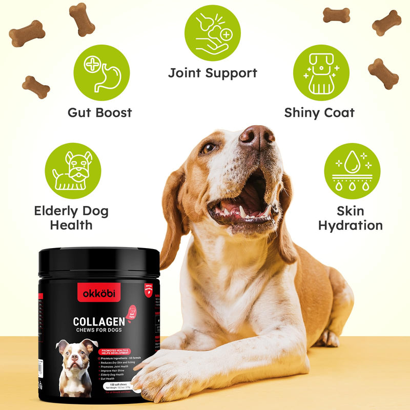 Collagen for Dogs - 150 Chews - Joint, Skin & Coat Supplement with Hyaluronic Acid, Eggshell Membrane & Vitamin C - Daily Hip & Joint Support for Senior Dogs & Puppies - Beef