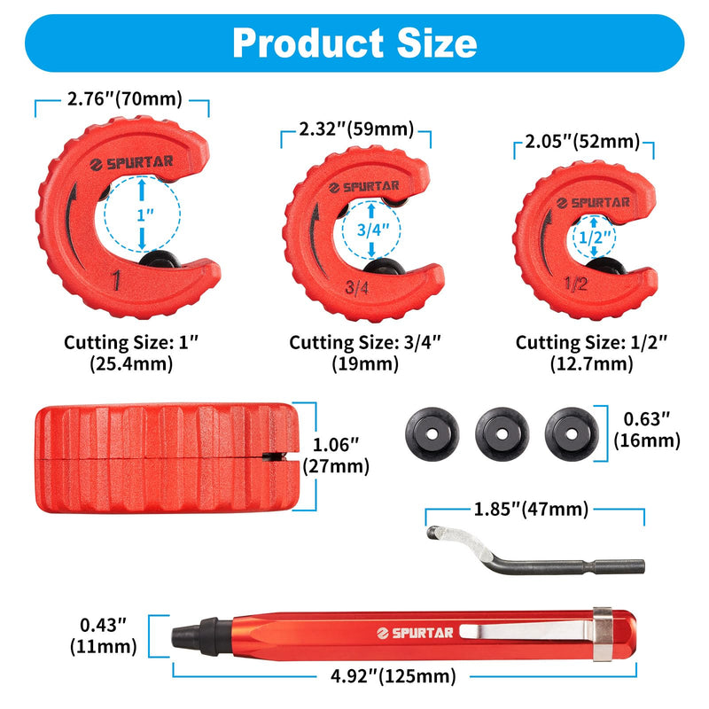 Spurtar 4pcs Pipe Cutter Tool Set 3pcs Copper Tubing Cutter 1/2" 3/4" 1" and 1pc Deburring Tool for Copper, Brass, Aluminum, CPVC Pipe, for Plumbing, HVAC Work, Automotive Repairs, DIY Projects