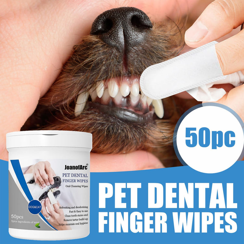 Cats Dogs Dental Care Finger Wipes, 50 PCS Dog Teeth Cleaning Wipes, Tooth Brushing Kit Dental Wipes for Cats,Reduces Dental Debris Freshens Breath,No-Rinse Daily Oral Care,Gentle Cleansing Gum Care