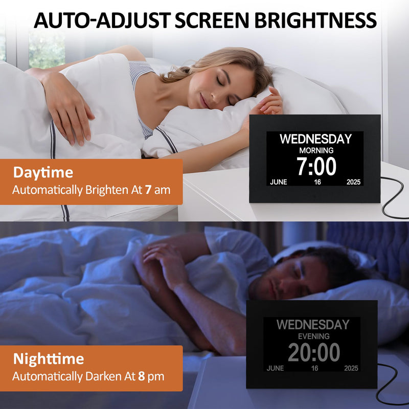 7" Digital Alarm Clock for Seniors, Dementia Clock with Day and Date for Elderly, Digital Calendar Day Clock with 20 Reminders & 20 Alarms, Auto-DST 7" Non-Touchscreen Black