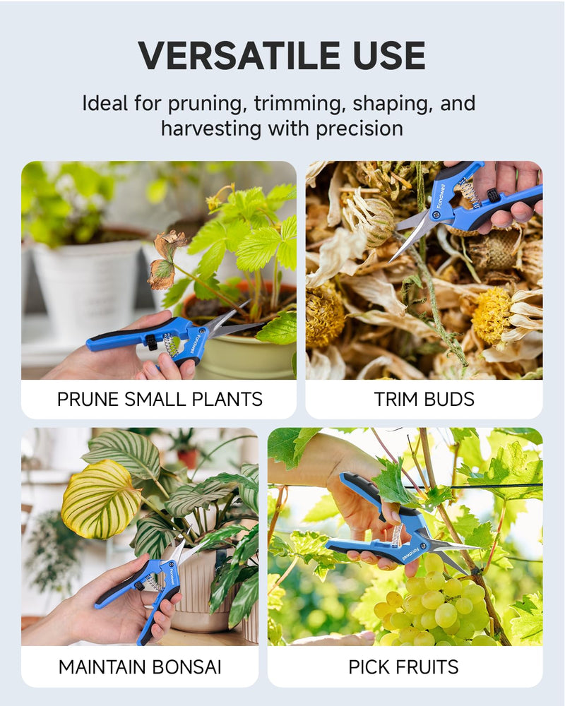 Fondwell 6.5" Pruning Shears Trimming Scissors: Small Garden Snips with Micro Tip - Plant Clippers of High Cutting Efficiency Straight & Curved
