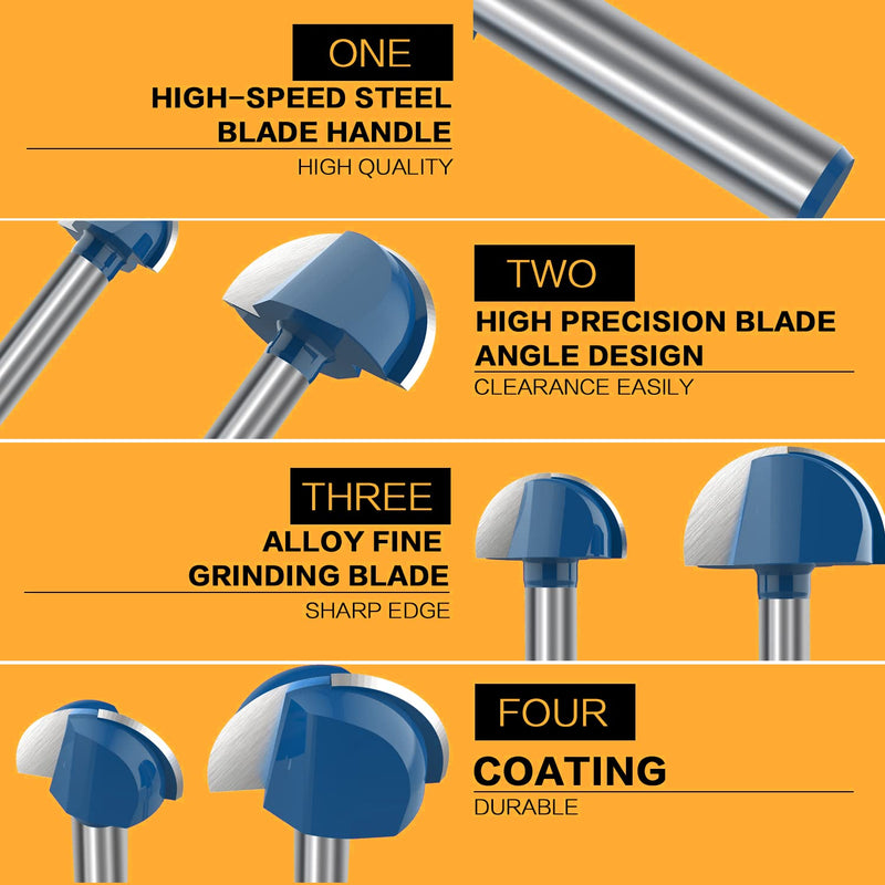 1/4 Inch Shank Core Box Router Bit & V Groove Router Bit Set (5/8" 3/4" 7/8" 1") Cutting Diameter Woodworking Milling Cutter Tool 8Pcs