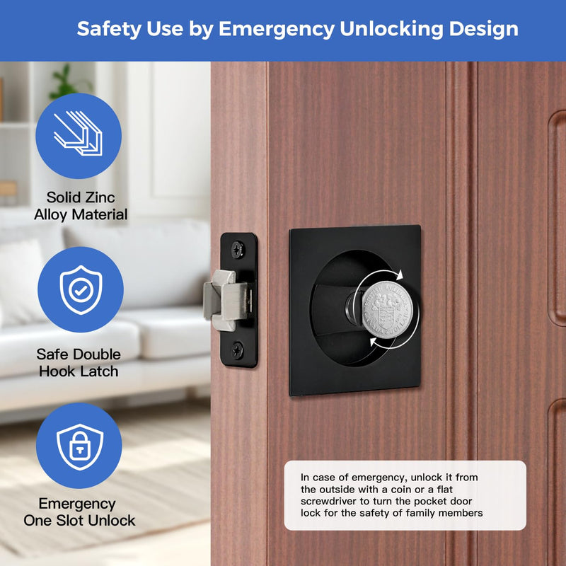 Matte Black Pocket Door Hardware with Privacy Lock & Latch - Contemporary Style for Square Pocket Doors(1 Pack) 1 Pack Matte Black