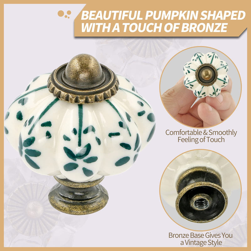Ivory & Green Ceramic Knobs 12 Pack - Pumpkin Cabinet Knobs Retro Dresser Knobs - Vintage Drawer Pulls with Screws for Closet Drawer Cupboard Cabinet and DIY Home Project Green Flower