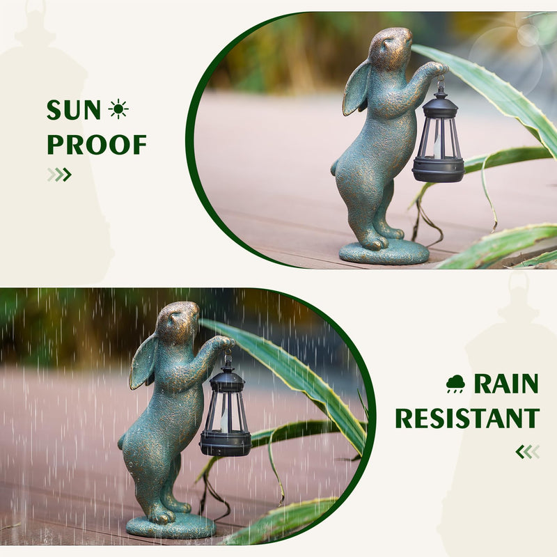 MININOVA Garden Statues Rabbit with Solar Lantern Outdoor Bunny Figurines Decorations for Patio Yard Lawn Ornaments Gifts for Birthday Easter Housewarming Bronze