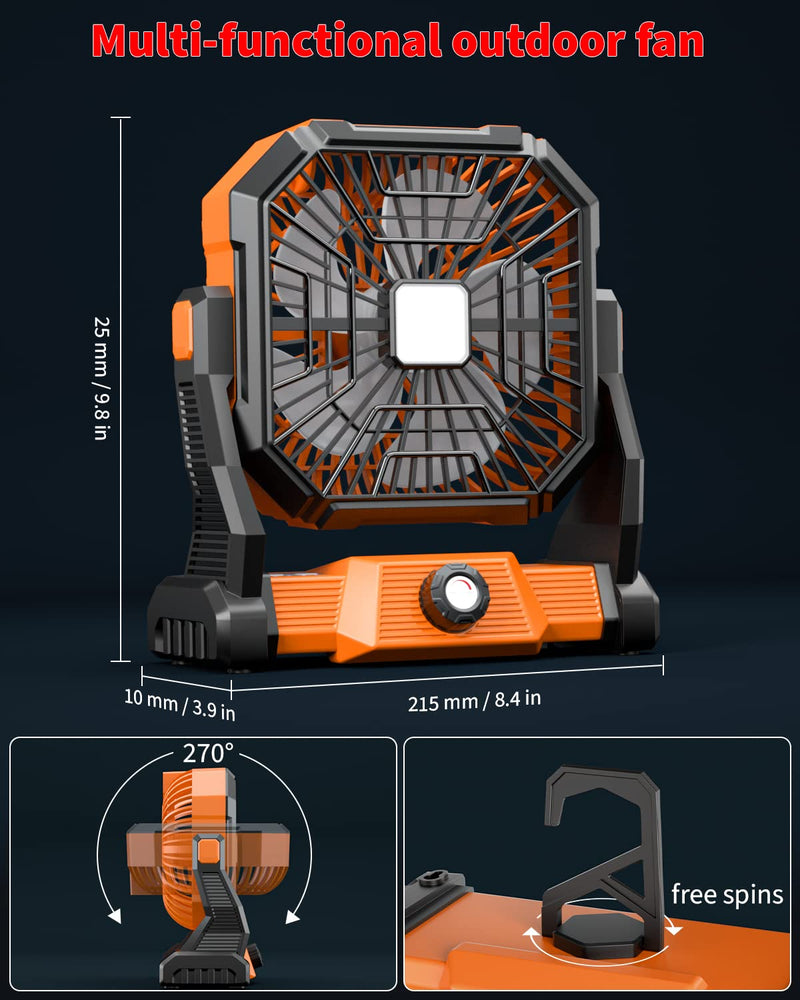 Portable Camping Fan,20000mAh Rechargeable Battery Powered Fan with LED Lantern, USB-C Battery Operated Fans,Ultra Quiet, for Outdoor Indoor Use,Travel, Tent,Beach, Picnic,Barbecue, Fishing,Home Orange