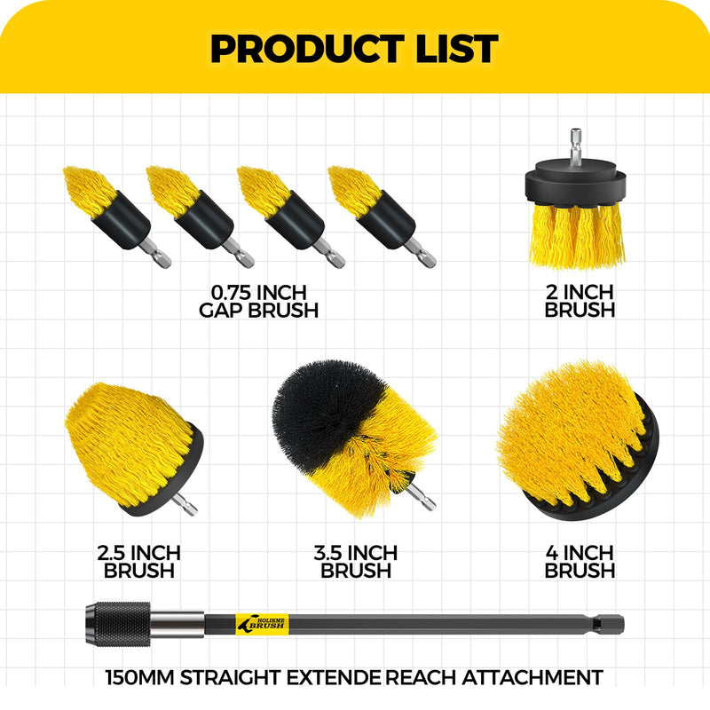 Holikme 9Pack Drill Brush ，All Purpose Drill Brush with Extend Attachment for Bathroom Surfaces, Grout, Floor, Tub, Shower, Tile, Kitchen and Car，Corner,Masonry Brushes，Yellow Yellow