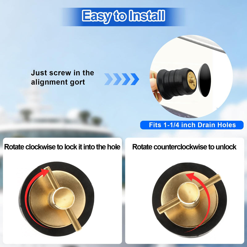 Linkstyle 4PCS Boat Drain Plugs for 1-1/4 Inch Drain Holes, Brass T-Handle Drain Plug, Twist-Turn Leak-Proof Rubber Plug for Boats, Yachts, Kayaks Gold