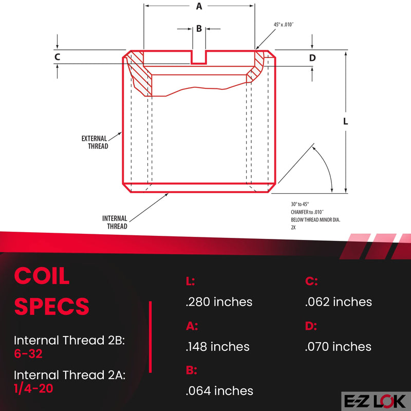 E-Z LOK - 329-006 E-Z Lok Externally Threaded Insert, C12L14 Carbon Steel, Meets AISI 12L14, #6-32 Internal Threads, 1/4"-20 External Threads, 0.280" Length, Made in US (Pack of 10)
