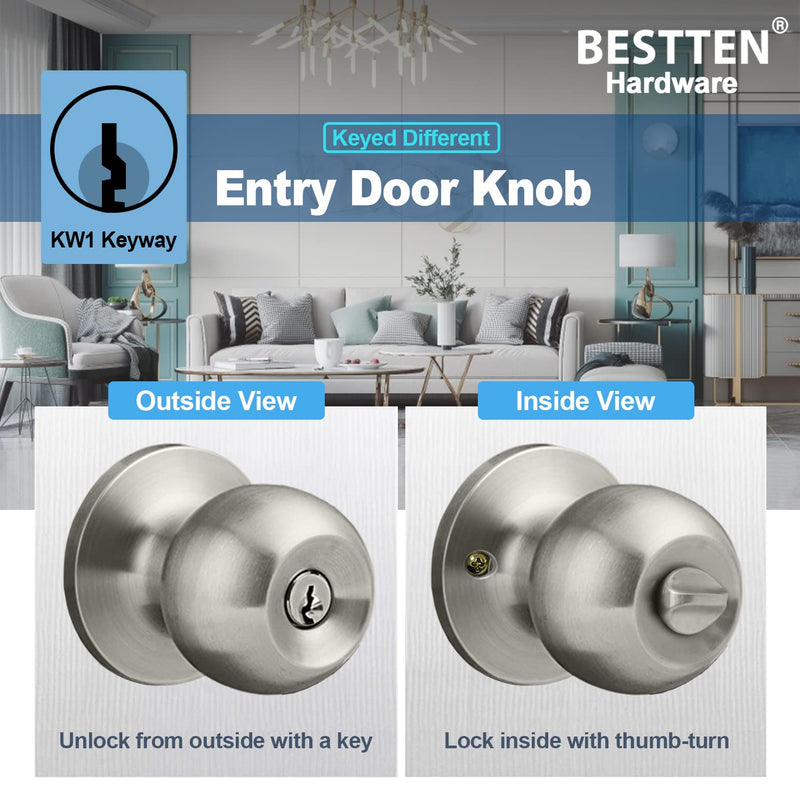 BESTTEN 4 Pack Door Knob with Lock and Key, Keyed Different Entry Door Knob, for Entrance and Front Door, Satin Nickel