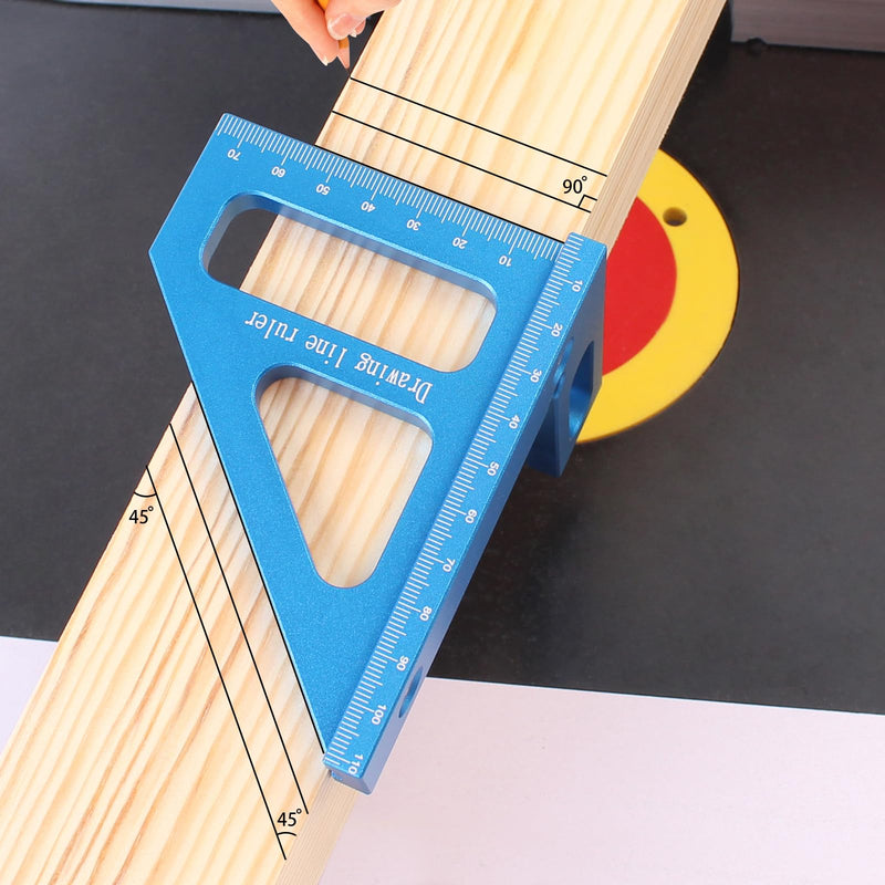 3D Multi-Angle Measuring Ruler,45/90 Degree Aluminum Alloy Woodworking Square Protractor, Miter Triangle Ruler High Precision Layout Measuring Tool for Engineer Carpenter,Blue Blue(Metric)