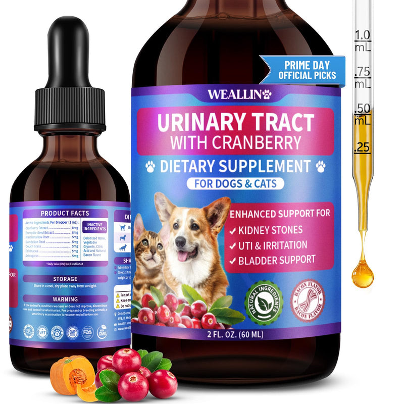 WEALLIN Cat & Dog Natural Urinary Tract Infection Treatment with Cranberry, Kidney, and Bladder Support Supplement, Support for Urinary Comfort & Bladder Flow – Pet Renal Care Support Drops 1 PC