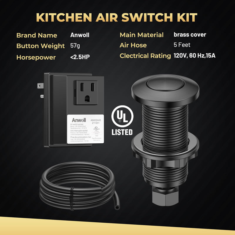 Garbage Disposal Air Switch Kit - Professional, UL Listed Wireless Sink Top Garbage Disposal Button, Stainless Steel/Black On/Off, Compatible with all garbage disposals Matte Black LONG/3.6"
