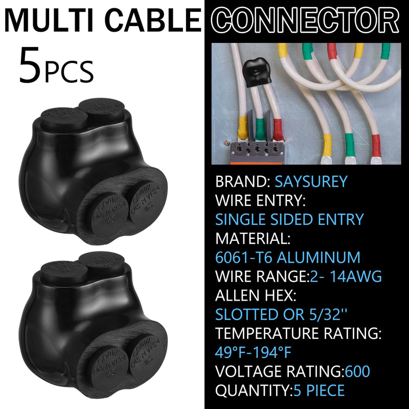 5 Pcs Insulated Multi Cable Connectors 2 Port Single Entry Splice Electrical Power Connector Black Interconnect Terminals Pre Filled (2-14 AWG Wire Range) 5 2-14AWG Wire Range